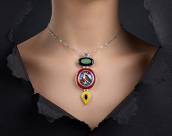 Unique Handmade Sterling Silver Cloisonne Enamel American Robin Pendant