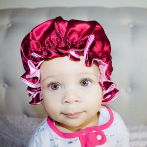 SATIN KIDS BONNET, Red Pink, Silky soft reversible sleep cap, protective styling, headscarf, natural hair, alopecia, luxury gift for her