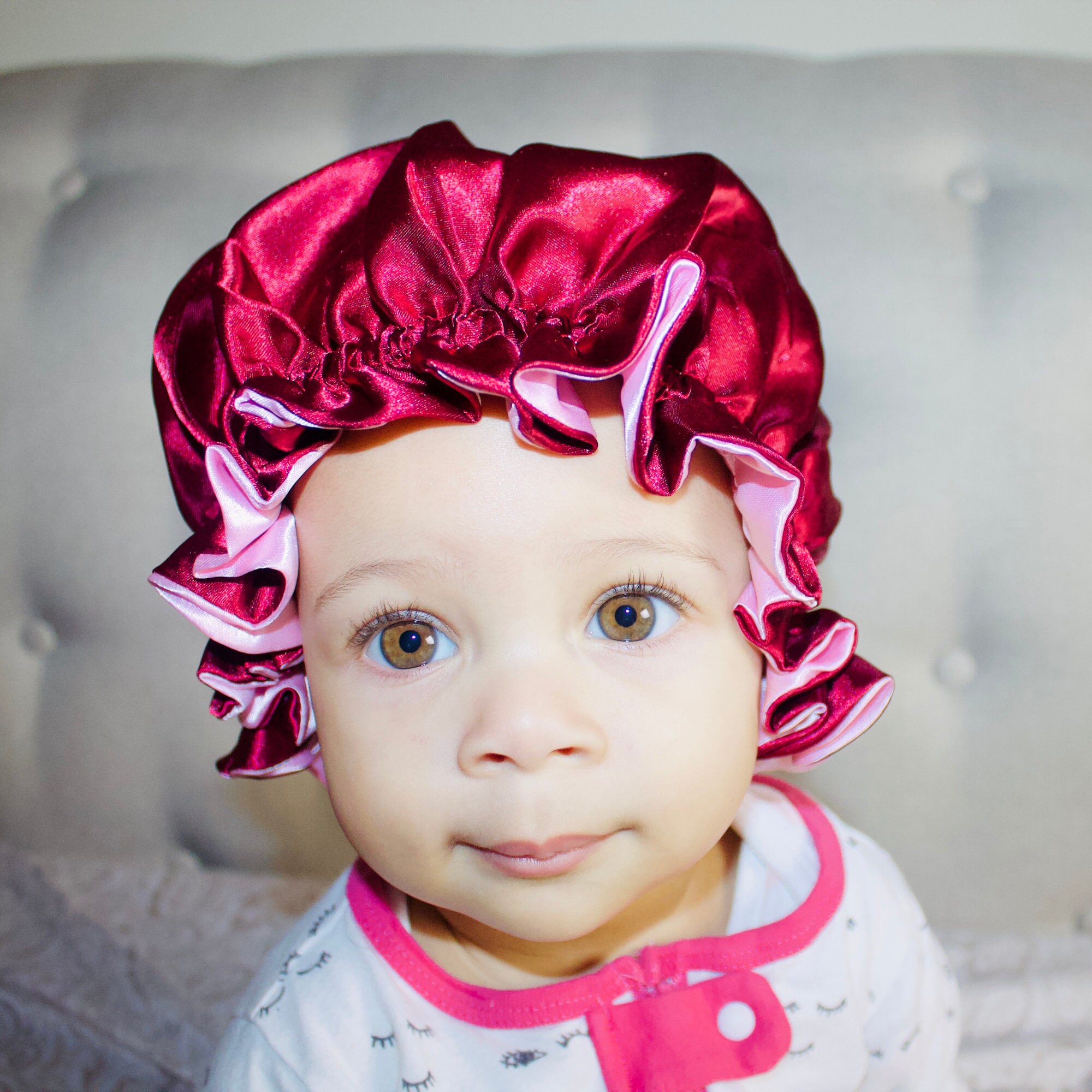 SATIN KIDS BONNET, Red Pink, Silky Soft Reversible Sleep Cap