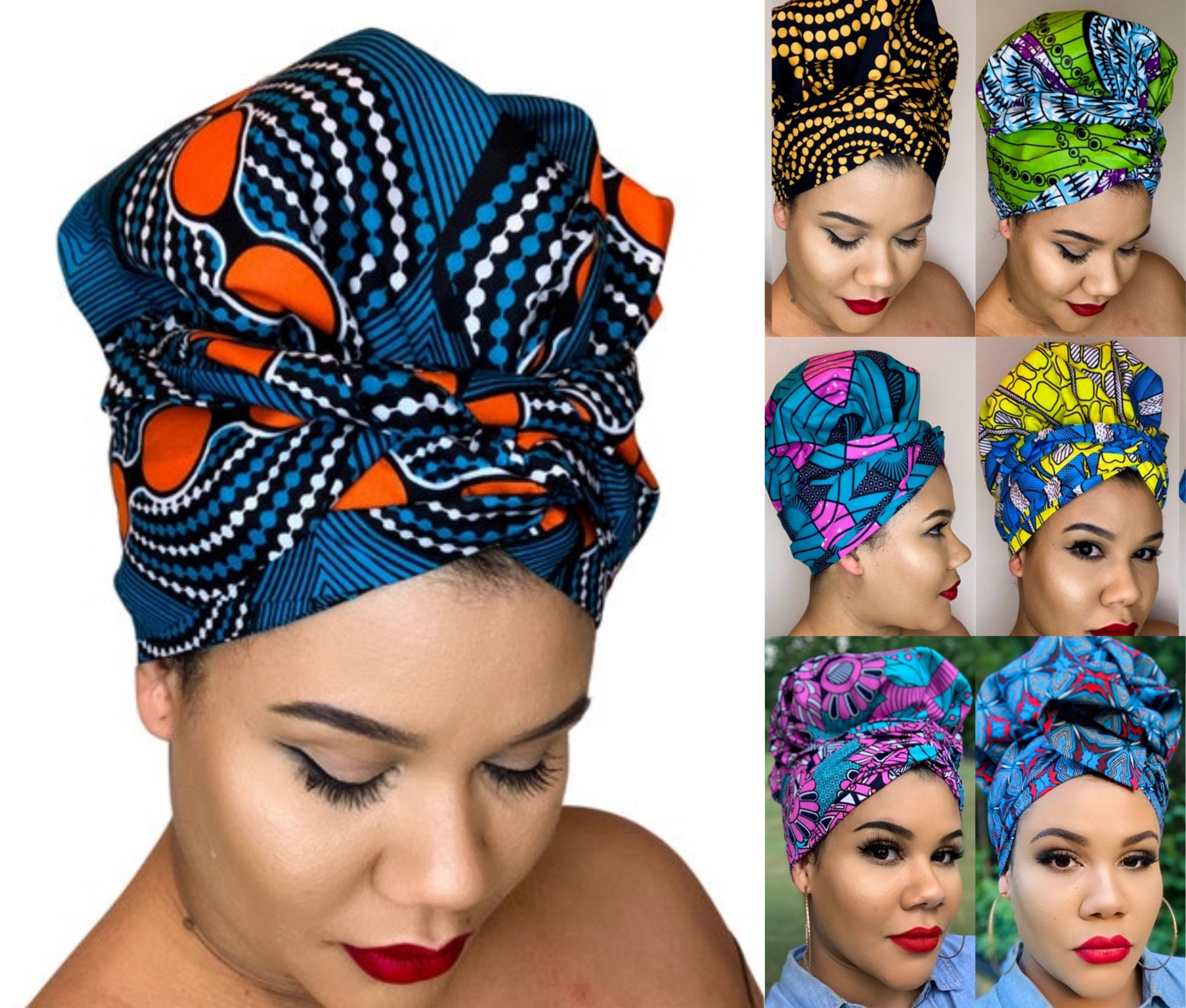 SATIN LINED HEADWRAP Bonnet With Band Blue Yellow African - Etsy SATIN LINED HEADWRAP Bonnet With Band Blue Yellow African - Etsy
