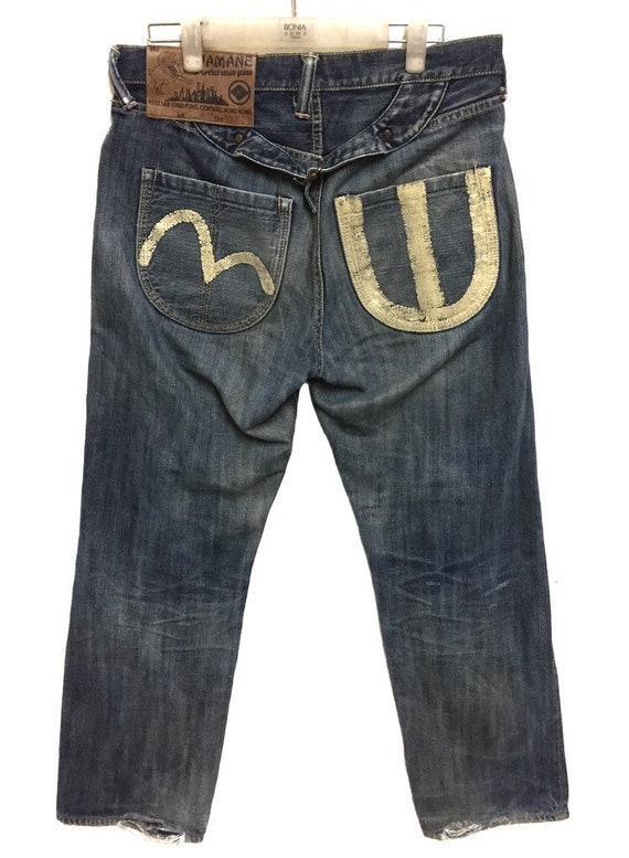 Yamane Evisu Buckle Back Selvedge Distressed Denim