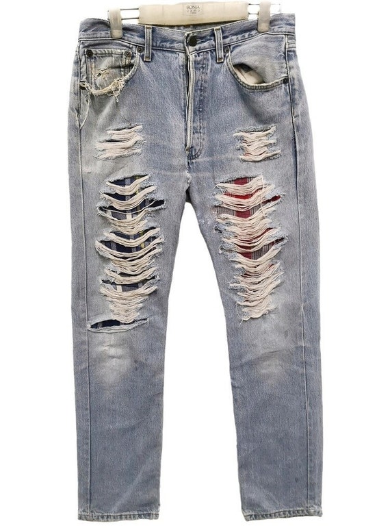 Distressed Denim Jean Patched Ripped Patchwork Des