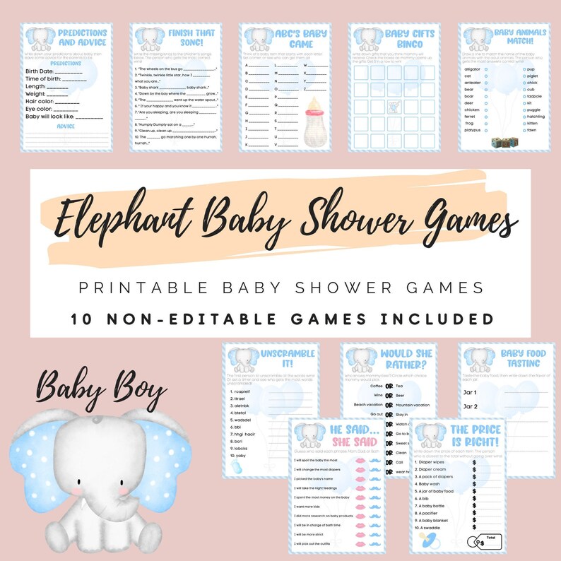 Elephant Baby Shower Games for Baby Boy Printable - Etsy