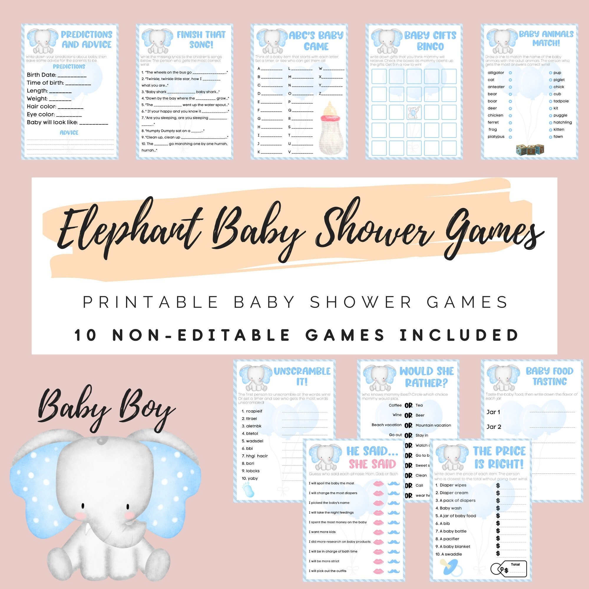 Elephant Baby Shower Games for Baby Boy Printable - Etsy