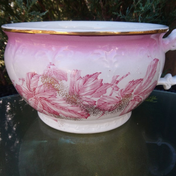 Antique Upper Hanley Pottery Co England Semi Porcelain "Maple" Pattern C1895-1900 Pink With Gold Accents And Trim Transfer Print Chamber Pot