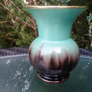 Mid Century West German Pottery Vase Marked Foreign Collectible Vintage Pottery, Green Vase Gold Trim 1950s Pottery Table Decoration Vase