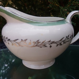 Johnson Brothers &quot;Snowhite&quot; Pattern, Green With Platinum Trim And Leaves On White Creamer Bowl Or Pitcher, Vintage China, Made In England
