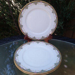 Charles Ahrenfeldt Limoges Depose, Set Of Three Bread Plates, Manufactured Between 1900-1930, Pink Flowers, Green Decoration, Gold Trim