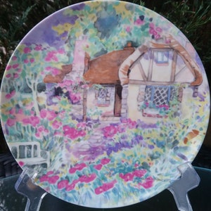 Vandor 1991 Dawna Barton Collector&#39;s&#39;s Plate, Display Plate, Or Wall Hanging Plate, English Cottage Pastel Floral Decoration, Multi Colored