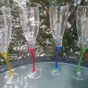 Vintage Crystal Four Crooked Stemmed Multi Colored Optic Bowl Champagne Flutes, Optic Clear Bowl, Barware Glasses, Tall Stemware Drinking