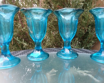 Anchor Hocking, Made In USA, New Turquoise, Green Glass, Dessert, Parfait Dishes, Bowls, Ice Cream Sundae Dessert Bowls, Vintage Glassware