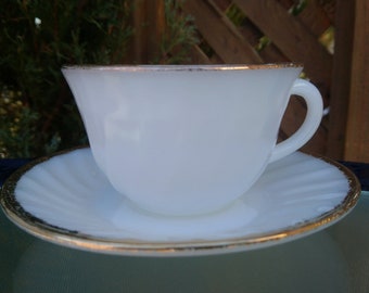 Vintage Anchor Hocking Fire King Ware, USA, Milk Glass White Swirl Tea Cup And Saucer-Set Of Three