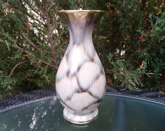 Mid Century German Pottery Glazed Flower Vase, Table Vase, Blue Green Grey With Gold Trim, Vintage Table Decor Collectible German Pottery