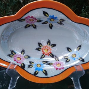 Vintage Japanese Lusterware Two Handled Serving Bowl, Hand Painted Luster Dish, Colorful Floral Decor Peach Rim Black Band And Leaves