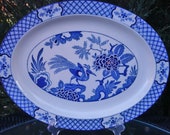 Wood Sons quot Yuan quot Pattern 1916 Mark, Blue And White Birds, Flowers, Blue Band, Plate, Smooth Edge, Serving Platter, Antique Serveware.