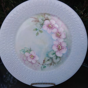 Könnte beinhalten: Ein weißer Porzellanteller mit einem erhabenen, strukturierten Rand und einem handgemalten Design aus rosa Rosen und grünen Blättern.