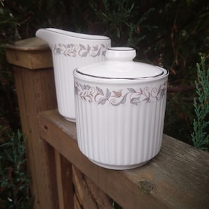 Johnson Brothers, Athena Pattern, Discontinued China, Ironstone, Sugar Bowl And Creamer Set, Floral Ring, Platinum Trim