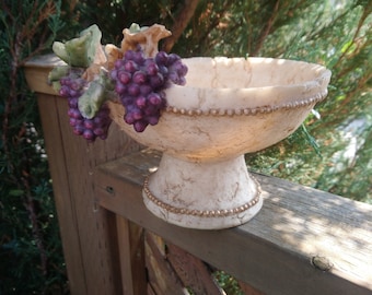 Vintage Casa Elite Designed By M. Valenti, Footed Compote Dish With Purple Grapes, Leaves, Stems, Ceramic Marble Appearance, Table Decor