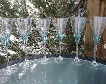 Vintage Set Of Six Aquamarine Blue Bowl Clear Long Stem  Glasses, Barware Glasses, Blue Stemware, Quality Glassware, Vintage Bar Decor