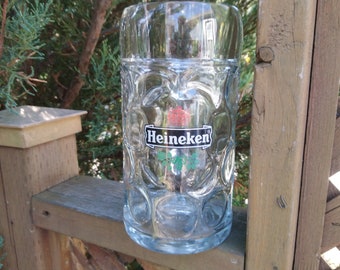 Taza de cristal de cerveza Heineken vintage, vaso de bar grande de 1 l, artículos de bar coleccionables, Austria marcada en la base, artículos de bar vintage