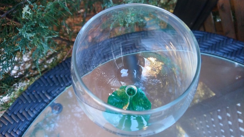 May include: A clear, round glass bowl with water and a green decorative element inside. The bowl sits on a glass-topped table with a woven blue base. Green foliage is visible in the background.