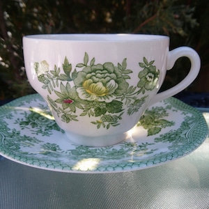 Puede incluir: Una taza de té y un platillo blancos con un patrón floral verde. La taza tiene una forma ancha y redondeada y un asa. El platillo tiene un borde festoneado.