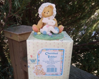 Cherished Teddies 103829, Melissa Figurine, "Every Bunny Needs A Friend", 1994, Priscilla Hillman, Girl Bear With Pull Toy Bunny Figurine