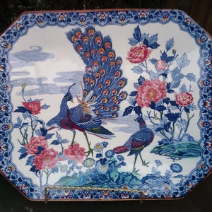 Vintage Asahi Japan, Colorful Peacock Porcelain Platter, Multi Colored, Vibrant, 12.75" Serving Platter, Serveware