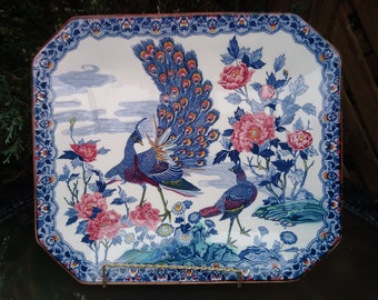Vintage Asahi Japón, colorido plato de porcelana de pavo real, multicolor, vibrante, plato de servicio de 12,75", vajilla