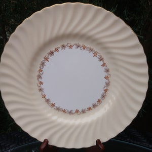 Minton &quot;Vineyard&quot; Pattern, Discontinued 1943-1960, Buff Swirl Rim, Leaves And Grapes Verge, One Dinner Plate, Embossed Decoration, Gold Trim