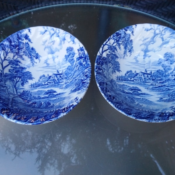 Ridgway, Staffordshire, Ironstone, Meadowsweet Pattern, Set Of Two Cereal Bowls, Discontinued China, Blue Scenic