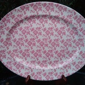 Broadhurst Ironstone Staffordshire England &quot;Rosalie&quot; Pattern Mid Century Serving Platter, Oval Platter, Pink Flowers On White, Floral Dish