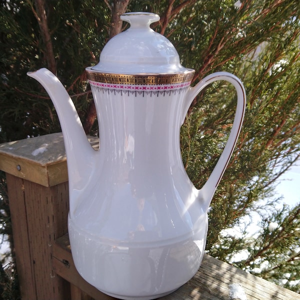 Vintage Winterling Roslau Bavaria Artistic Center Quality Porcelain Lidded Coffee Pot, Gold Decoration And Tim, Red X's, Dots, Black Lines