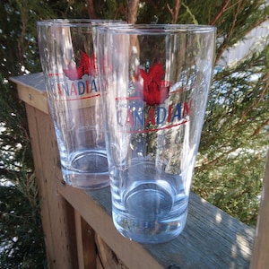 Molson Canadian Signed By John Molson, Set Of Two Beer Glasses, Collectible Barware Drinking Glasses, Red Blue Labeling, Embossed Signature
