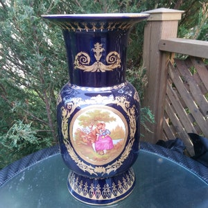 Limoges France Fragonard Large 18 Inch Cobalt Blue With Gold Filigree, Gold Gilding,  Love Story Scene, Multi Colored, Large Vase Decor