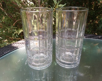 Anchor Hocking Tartan (Manchester) Pattern, Clear Vertical, Horizontal Lines, Set Of Two Iced Tea Glasses, Thic, Heavy Base Barware Glasses