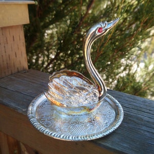 Vintage Lady Sarah Collection, Silver Plated Ring Holder, Swan On Plate, Metal, Silver Plated, Bedroom Dresser Decor, Red Eyes, Collectible