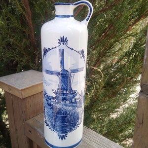 Delft Blue, Made In Holland, Handled Liquor Bottle, Handmade, Blue Windmill, Scenic Decor, Blue Trim, Decanter Bottle, Vintage 1970s Decor