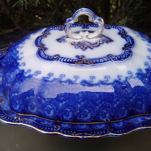 Antique Ridgways, Cavendish Pattern 1891-1904 Royal Semi Porcelain  England Flow Blue Lidded Serving Tureen, Lidded Bowl, Flow Blue China