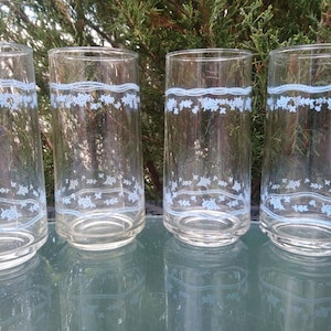 Set Of Four Corelle &quot;Morning Blue&quot; Pattern, Vintage Glasses, Drinking glasses, Made In USA, Delicate Blue Floral Motif, Blue Rings,