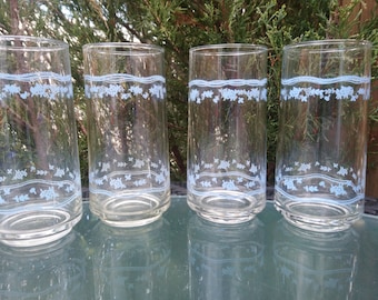 Set Of Four Corelle &quot;Morning Blue&quot; Pattern, Vintage Glasses, Drinking glasses, Made In USA, Delicate Blue Floral Motif, Blue Rings,