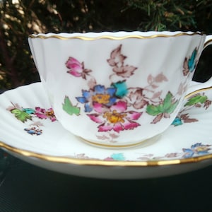Minton &quot;Vermont&quot; Pattern, Discontinued 1939-1970, Tea Cup Or Coffee Cup With Saucer, Swirl Rim On Plate, Blue, Green Leaves, Pink Flowers