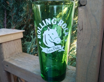 Grand verre à bière lourd vert extra pâle de collection Rolling Rock, pinte de verre, verres de bar, accessoires de bar vintage, verres à boire verts