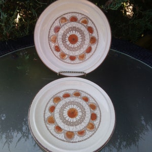 Vintage Stoneware Plates, Forma Stone, Set Of Two Side Plates, 7.5" Diameter, Bown Trim And Decor, 1970s Stoneware made in the Philippines.
