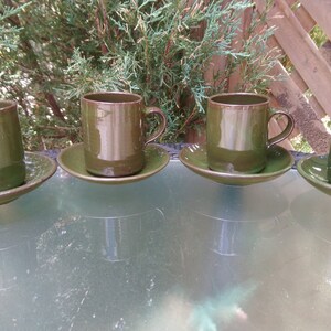 Set Of Four Vintage Hand Crafted Expresso Cups With Saucer, Brown, Green Glaze  Pottery Cups, Under Plates