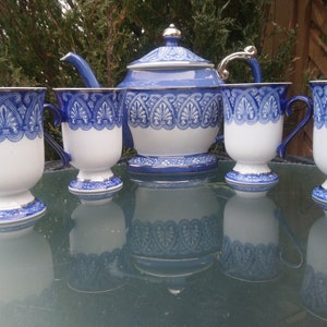 Bombay Co. Vintage-New Tea Pot Or Coffee Pot, Blue, White, Silver Trim, Four Matching Tea Or Coffee Mugs, Collectible Teapot, Tea Set, 1980s
