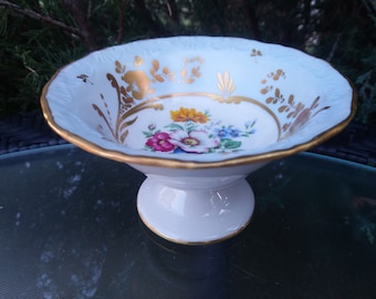 Limoges France Hand Painted Compote Dish Dated 1920-1932, Small Porcelain Candy Dish, Blue Gold Decoration Floral Center Gold Trim, Table De