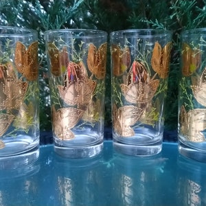 Vintage Gold Leaf Set Of Four Drinking Glasses, Gold Leaf With Green Stems, Barware Glasses, MCM Glasses, Collectible Glassware, Vintage