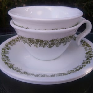 Corelle By Corning, USA, &quot;Spring Blossom&quot; Pattern, Set Of Two Cups And Plates, Saucers, Green, White Flowers, Green Plate, White Plate, Cups