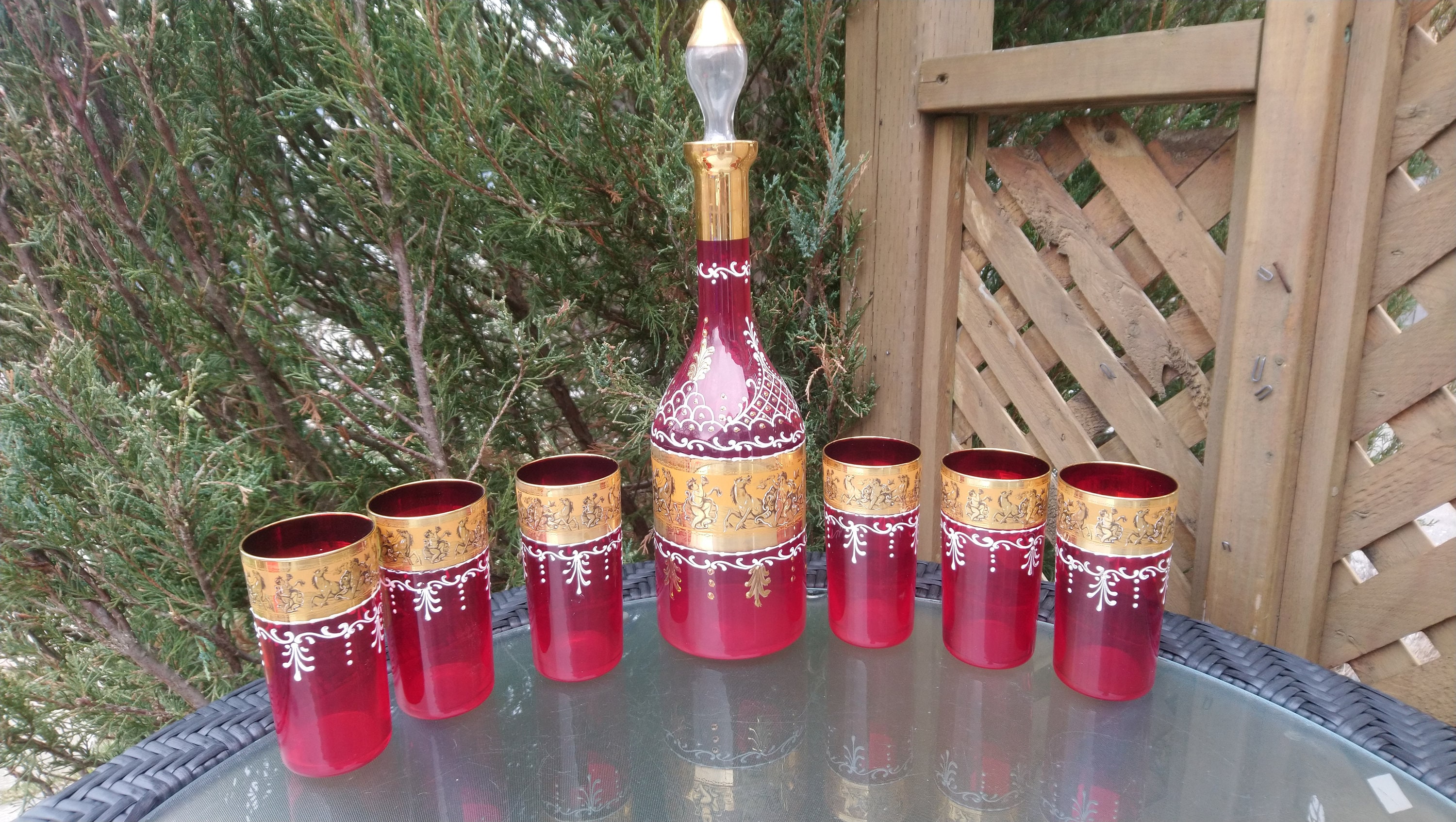 Hand painted ruby red and gold venetian murano decanter set
